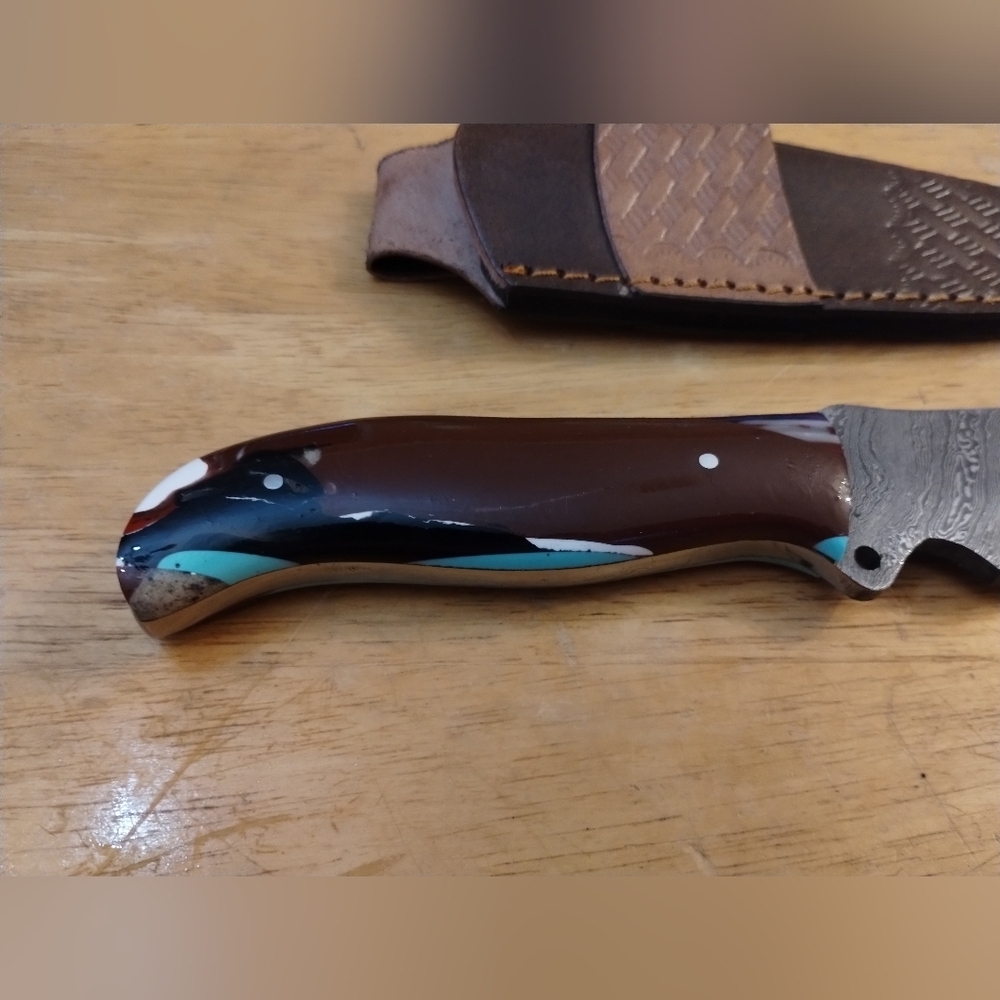 New Mens Damascus Steel Blade Knife with Leather Sheath - Picture 8 of 9